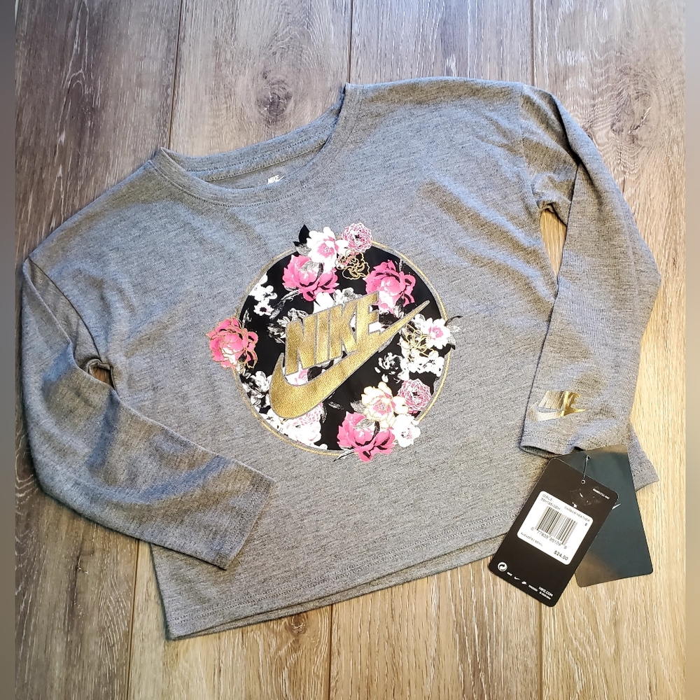 Girl's Nike gray long sleeve, pink, black & gold floral boxy graphic tee Size  5